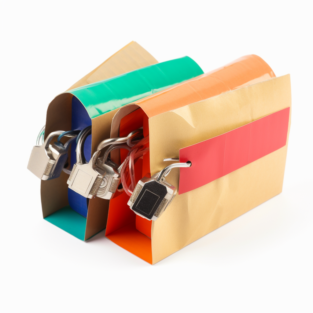 a product photograph of two thick envelopes, brightly colored, standing up. They are secured with five locks across the front. They do look very safe.